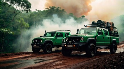 Two Green Trucks Driving Down Dirt Road