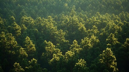 Sticker - Sunlight Filtering Through a Dense Forest of Pine Trees - Illustration