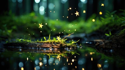 Poster - An enchanting scene of fireflies illuminating the darkness of a forest clearing, 