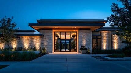 Minimal front view of condo, textured stone facade, large entryway, strategic lighting, dusk light, modern style, warm and welcoming mood