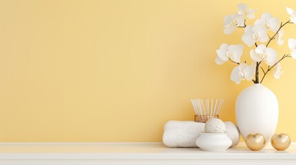 A luxurious spa interior with gold accents, designed in a minimalist style with clean lines and a sophisticated color palette. The image provides plenty of copy space for adding text or graphics.