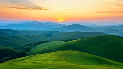 Wall Mural - Sunset over rolling hills, warm light, serene atmosphere, natural beauty, copy space