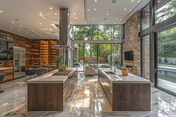 A large open kitchen with two island counters and a large window