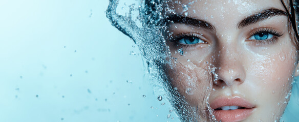 Close up portrait of beautiful woman with clean fresh skin under water rain in the shower, beauty treatment bathroom concept with copy space