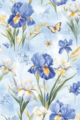 Sticker - Watercolor Painting of Blue and White Irises with Butterflies on a Light Blue Background