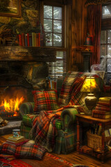 Wall Mural - Cozy reading nook by fireplace. Plush armchair with throw blanket. Steaming mug on side table. 