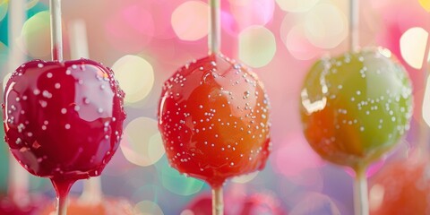 Colorful Candy Apples at a Fun Fair with Sparkling Lights