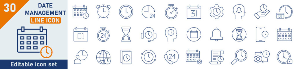 Wall Mural - date management line icon set. set of 30 outline icons related to calendar, planning, schedule and t