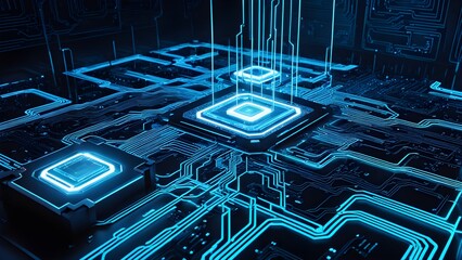 A computer chip with blue lights on it