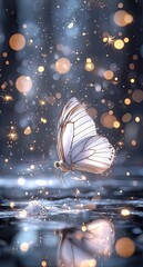 Sticker - A Captivating White Butterfly Emerging from Water with a Sparkling Bokeh Background