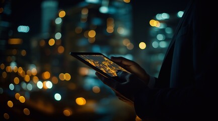 Wall Mural - Businessman holding tablet, office background with blurred lights and shadows, close-up of hand on screen, wearing suit, night scene. an atmosphere of business success and technology.