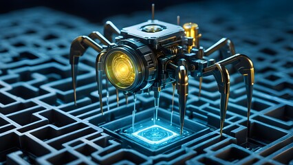 A robot with a yellow light on its head is on a blue surface