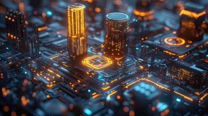 Sticker - Illuminated Towers on a Futuristic Circuit Board