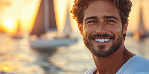 A cheerful man smiles brightly as the sun sets behind sailing boats on the water