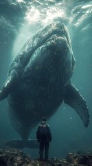 Sticker - A Man Gazing Up at a Giant Whale in the Ocean Depths