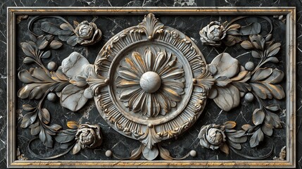 Poster - Intricate floral relief design with a central circle, displayed against a dark marble backdrop in a luxurious environment