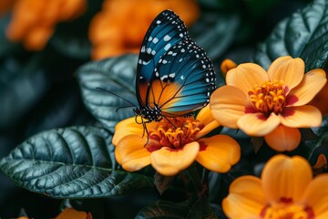 Close-up of a colorful butterfly perched on a blooming flower in a wild meadow