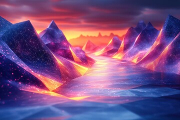 Wall Mural - abstract 3d fractal landscape with glowing geometric shapes vibrant colors and intricate patterns cr