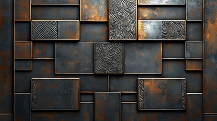 Sticker - A textured wall panel features geometric designs with varying patterns and finishes in a modern industrial environment