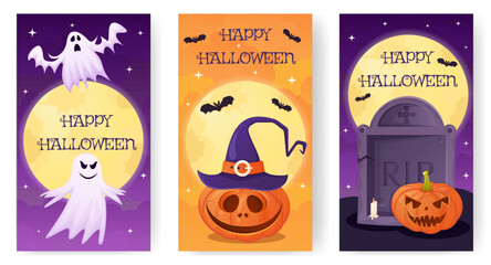 Wall Mural - Halloween stories with pumpkin, ghost, tombstone. Scary , spooky party poster, invitation, banner concept.