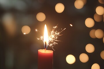 Sticker - A Single Candle Flame with Sparks and Blurred Lights in the Background