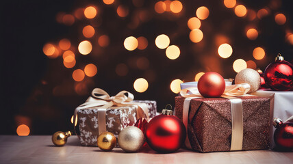 Wall Mural - Merry Christmas and Happy New Year background with copy space. Xmas gifts box and Christmas balls, festive bokeh. Design for poster, holiday banner, flyer or greeting card.