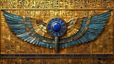 A vibrant wall relief displays a winged goddess with hieroglyphics in a historical context, showcasing ancient Egyptian artistry