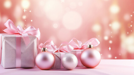 Wall Mural - A festive background with pink Christmas balls and gift boxes on a pink background. A Bright and shiny holiday pink Christmas and New Year backdrop with copy space.