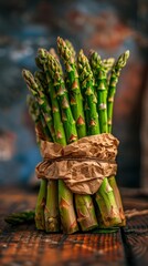 Wall Mural - A bunch of green asparagus neatly wrapped in brown paper packaging, ready for cooking or sale