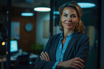 A woman stands in an office with her arms crossed, wearing casual attire