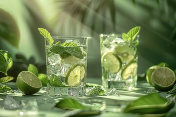 Fresh mojito drinks with lime and mint on green background