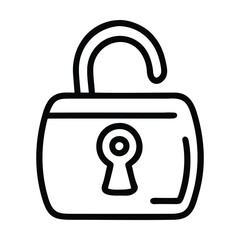 Black and white line art illustration of an unlocked padlock. Vector illustration