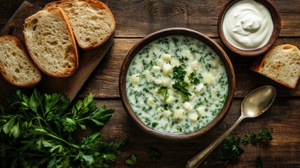 Poster - A bowl of traditional okroshka soup is placed on a rustic wooden table alongside fresh bread and sour cream, highlighting the comforting essence of this classic dish