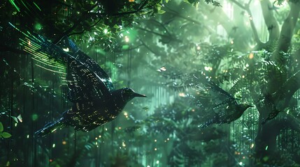 Wall Mural - digital bird with glowing wings soars through a lush, green forest a surreal and enchanting image th