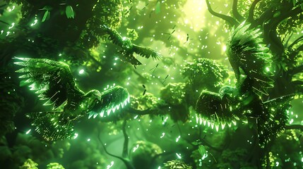 Wall Mural - digital birds fly in a lush green forest. glowing lights and leaves float in the air.