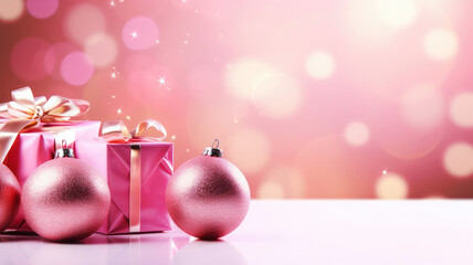 Wall Mural - Pink Christmas background with festive shiny gift boxes and Christmas balls. Holiday Christmas and New Year backdrop with copy space.
