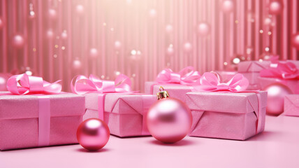 Wall Mural - Pink Christmas background with festive gift boxes and Christmas balls. Holiday Christmas and New Year composition with copy space.