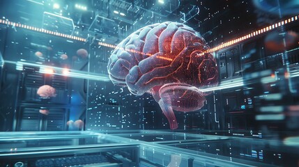 Wall Mural - digital representation of a brain, surrounded by abstract circuits and technology, symbolizing the f