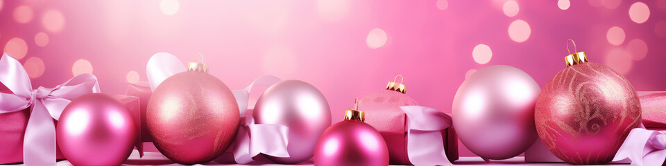 Wall Mural - Pink Christmas banner background with shiny festive gift boxes and Christmas balls. Holiday pink Christmas and New Year panoramic backdrop with copy space.