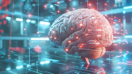 Wall Mural - 3d rendering of a human brain with digital interface, representing the intersection of technology an