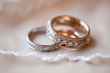 Sticker - A pair of wedding rings sitting on a white cloth, ready for use