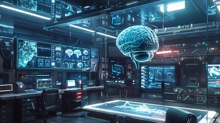 Wall Mural - futuristic laboratory with a holographic brain floating in the center of the room filled with high-t