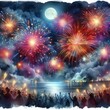 © Vladimir Steblev - Watercolor painting of fireworks dancing in the night sky