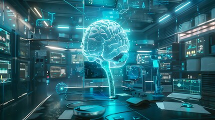 Wall Mural - Futuristic laboratory with a holographic brain projection, surrounded by screens displaying data and advanced technology. This image evokes a sense of scientific advancement and the potential of AI.