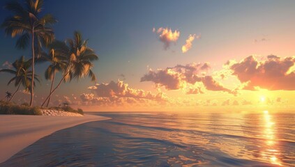 Wall Mural - Sunset Over a Tropical Beach with Palm Trees