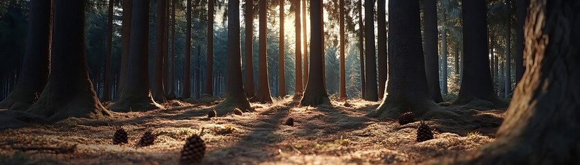 Canvas Print - Sunlight Through Pine Trees in a Forest Photo