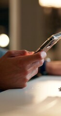 Fototapete - Night, business and person with smartphone, hands and typing for message, contact and social media. Closeup, employee and professional with cellphone, internet and connection with network and email