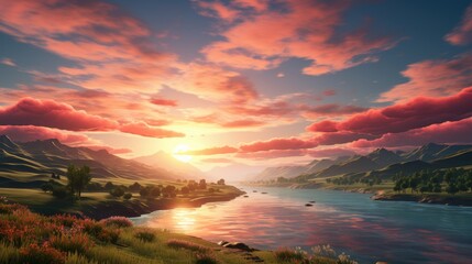 Wall Mural - An image of a vibrant sunset over a serene lake, with colorful reflections shimmering on the water  