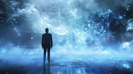 Wall Mural - silhouette of a man standing in a futuristic world