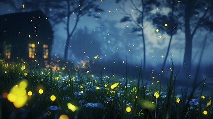 Wall Mural - fireflies illuminate a serene forest at night, creating a magical atmosphere.